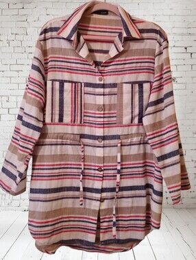 ON BLUE Striped Button Down Tunic Shacket Drawstring Waist Size M